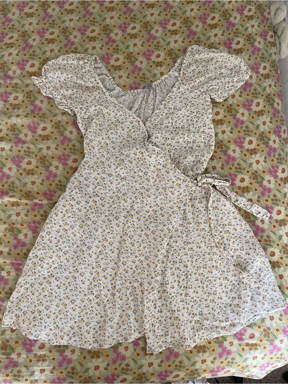 Hollister Cream Floral Wrap Dress with Yellow and Green Flowers